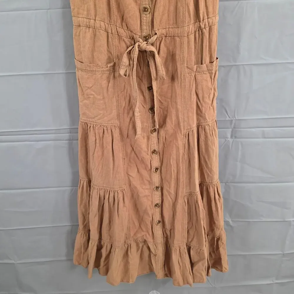 Free People Dress Medium Catch the Breeze Tan Linen Midi Brown Boho Casual